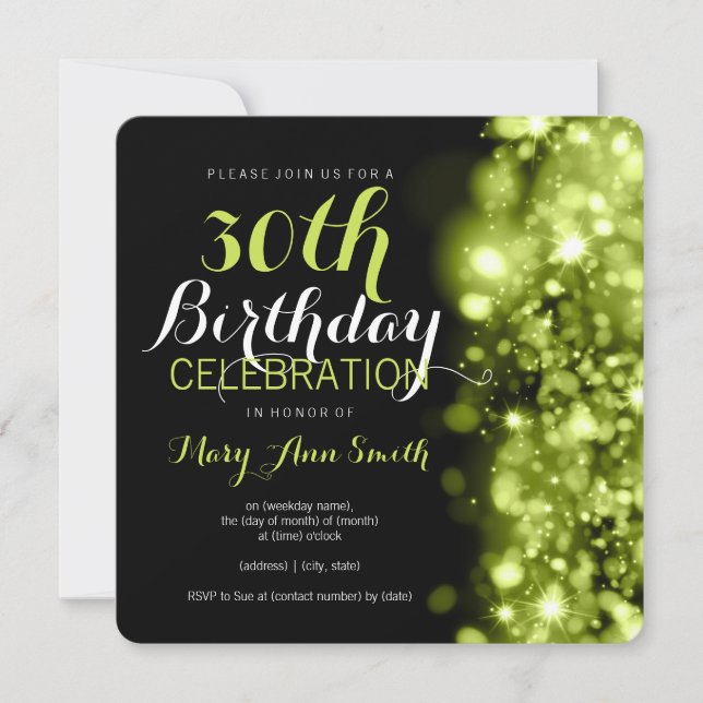 30th Birthday Party Green Sparkling Lights Invitation (Front)