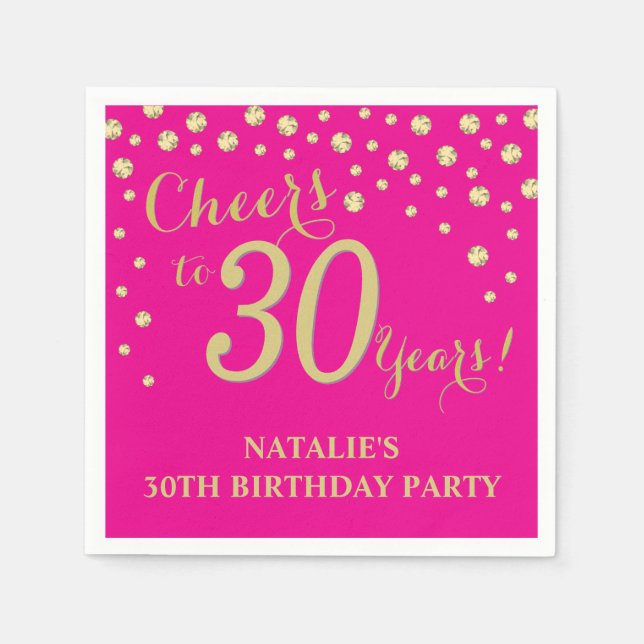 30th Birthday Party Hot Pink and Gold Diamond Napkin (Front)