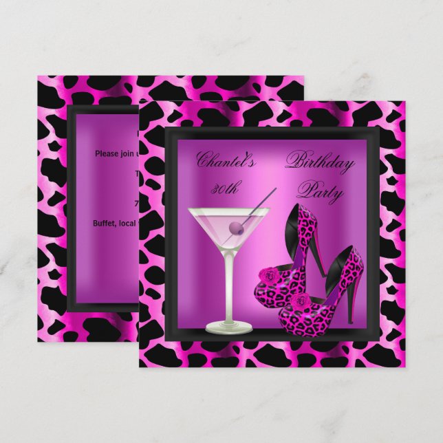 30th Birthday Party Hot Pink Leopard Martini Invitation (Front/Back)