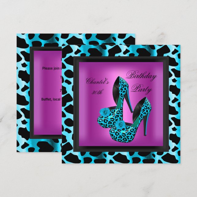 30th Birthday Party Hot Pink Leopard Teal Blue Invitation (Front/Back)