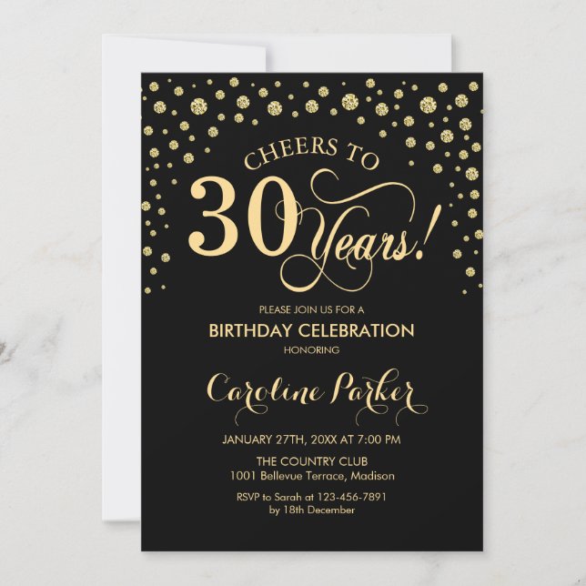 30th Birthday Party Invitation - Gold Black (Front)