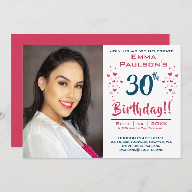 30th Birthday Party Invitation With Photo (Front/Back)