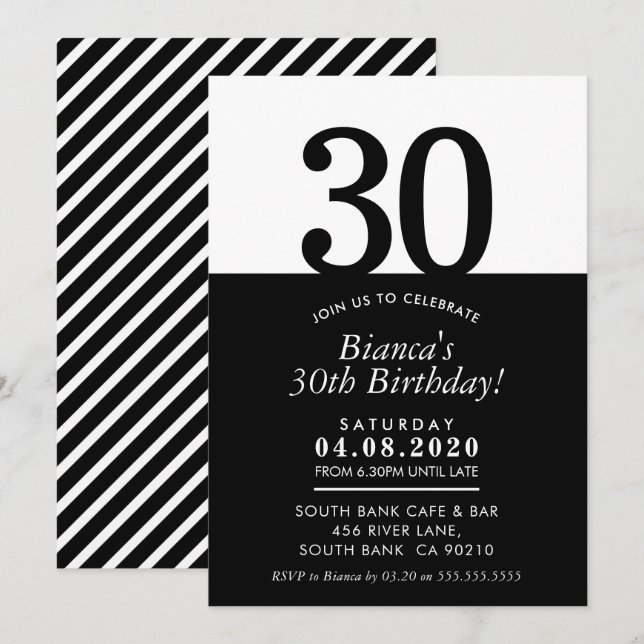 30TH BIRTHDAY PARTY INVITE modern minimal black (Front/Back)