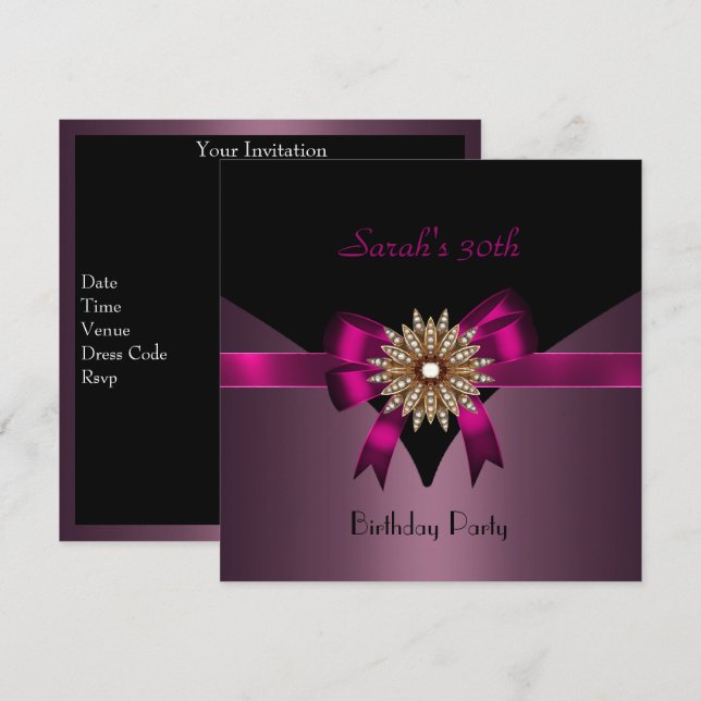 30th Birthday Party Jewel Bow Black Purple Pink Invitation (Front/Back)