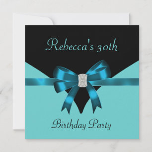 30th Birthday Party Jewel Bow Black Teal Blue 2 Invitation