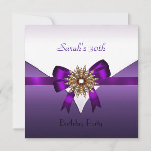 30th Birthday Party Jewel Bow Purple Gold White Invitation