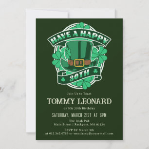 30th Birthday Party Leprechaun Hat Shamrock Irish Invitation
