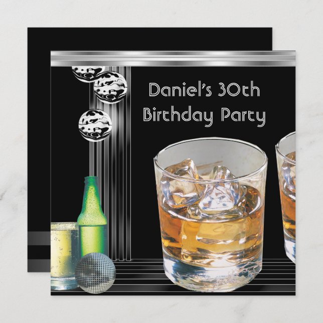 30th Birthday Party Mens Drinks Black Silver Invitation (Front/Back)