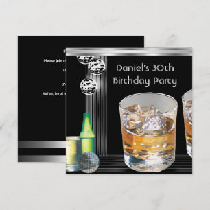 30th Birthday Party Mens Drinks Black Silver Invitation