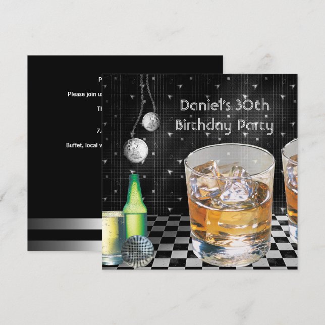 30th Birthday Party Mens Drinks Black Silver male Invitation (Front/Back)