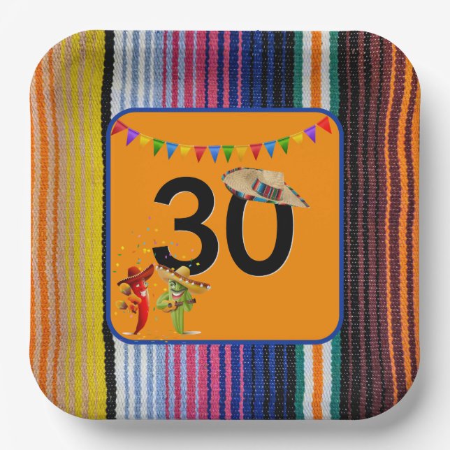 30th Birthday Party Mexican Design Paper Plate (Front)
