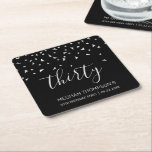 30th Birthday Party Modern Black Silver Confetti Square Paper Coaster<br><div class="desc">Help them celebrate their 30th birthday in style with this simple but elegant design, featuring faux silver triangular confetti sifting down on the word "thirty" in light grey handwriting font on a black background. Personalise it with the name of the honoree in light grey sans serif font, along with the...</div>