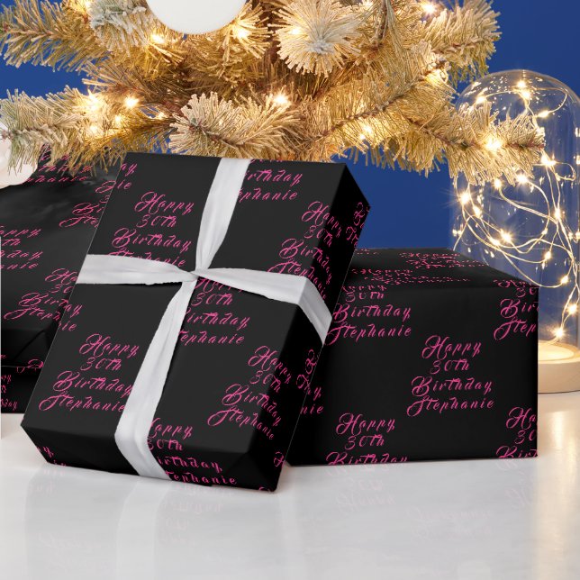 30th Birthday Party Name Black Pink Modern Pattern Wrapping Paper (Holidays)