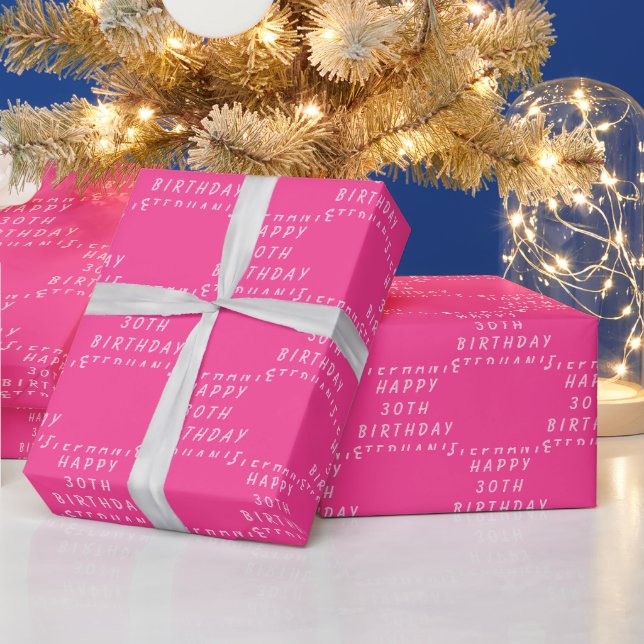 30th Birthday Party Name Hot Pink Modern Pattern Wrapping Paper (Holidays)