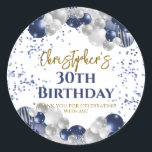 30th Birthday Party Navy Balloons Classic Round Sticker<br><div class="desc">A gorgeous 30th birthday party or celebration favour sticker. This fabulous navy blue and silver balloons design is the perfect  way to decorate your favour bags for an 30th celebration or thirtieth birthday party.</div>