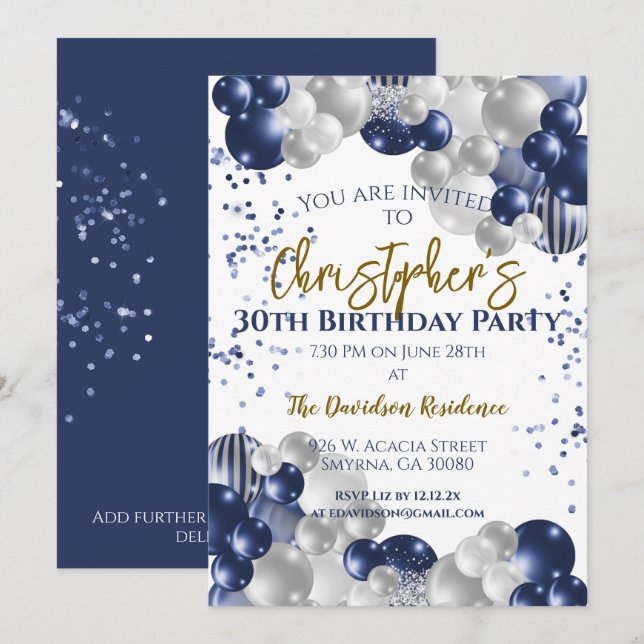 30th Birthday Party Navy Balloons Invitation (Front/Back)