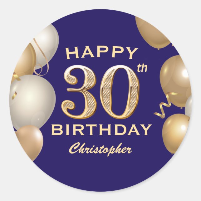 30th Birthday Party Navy Blue and Gold Balloons Classic Round Sticker (Front)