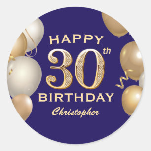 30th Birthday Party Navy Blue and Gold Balloons Classic Round Sticker