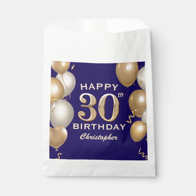 30th Birthday Party Navy Blue and Gold Balloons Favour Bags (Front)