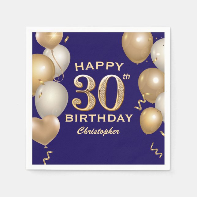 30th Birthday Party Navy Blue and Gold Balloons Napkin (Front)