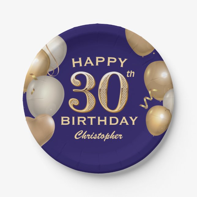 30th Birthday Party Navy Blue and Gold Balloons Paper Plate (Front)
