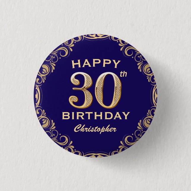 30th Birthday Party Navy Blue and Gold Glitter 3 Cm Round Badge (Front)