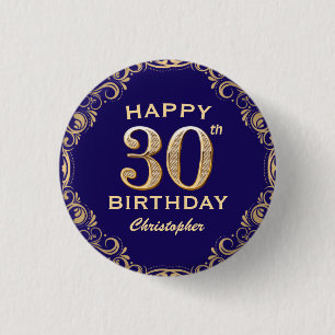 30th Birthday Party Navy Blue and Gold Glitter 3 Cm Round Badge