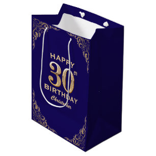 30th Birthday Party Navy Blue and Gold Glitter Medium Gift Bag