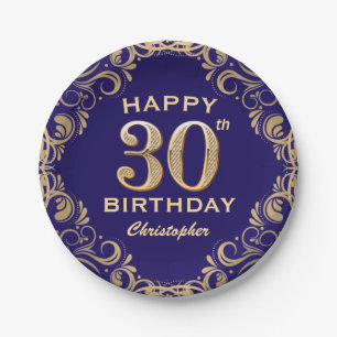 30th Birthday Party Navy Blue and Gold Glitter Paper Plate