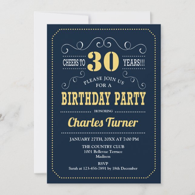 30th Birthday Party - Navy Gold Invitation (Front)