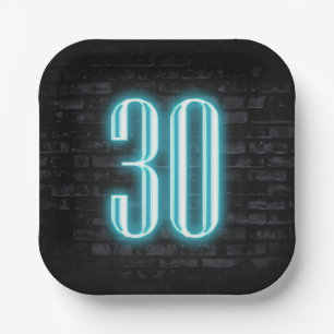 30th Birthday Party Neon Sign on Brick Paper Plate