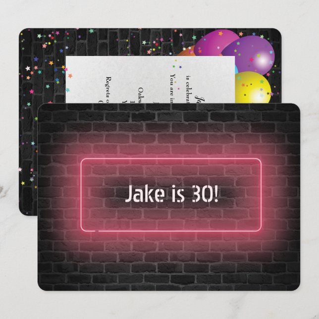 30th Birthday Party Neon sign on wall Invitation (Front/Back)