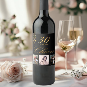 30th birthday party photo black gold cheers script wine label