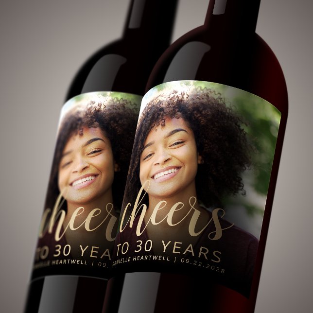 30th Birthday Party Photo Cheers Wine Label (Creator Uploaded)