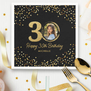 30th Birthday Party Photo Chic Black Gold Glitter Napkin