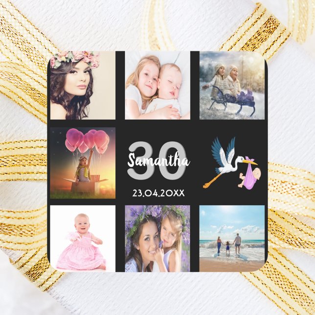 30th birthday party photo collage black square sticker (Creator Uploaded)