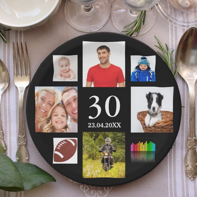 30th birthday party photo collage guy black paper plate (Creator Uploaded)