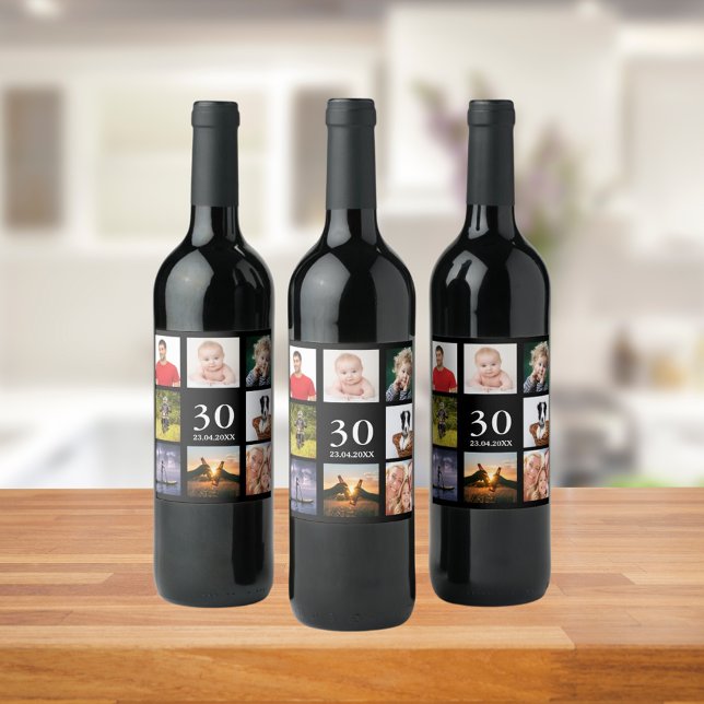 30th birthday party photo collage guy black wine label (Creator Uploaded)
