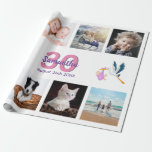 30th birthday party photo collage woman white wrapping paper<br><div class="desc">For a 30th birthday party for a woman,  celebrating her life with a collage of 10 of your own photos.  Photo of family,  friends,  boyfriend/husband,  pets,  vacations. Templates for a name and the age 30 and a date.  Pink and purple coloured letters.  Elegant white background.</div>