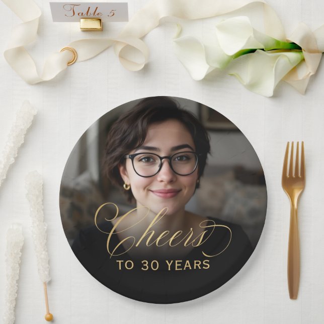 30th Birthday Party Photo Gold Script Cheers  Paper Plate (Wedding)