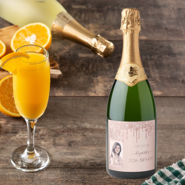 30th birthday party photo rose gold glitter pink sparkling wine label (Creator Uploaded)