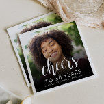 30th Birthday Party Photo White Script Cheers Napkin<br><div class="desc">This custom 30th birthday napkin features the guest of honour's personalised photo,  name,  and birthday,  along with the word "Cheers" in elegant white calligraphy script. A dark screen helps make the text pop. A great way to celebrate someone who's turning thirty!</div>