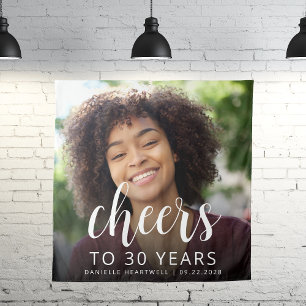 30th Birthday Party Photo White Script Cheers Tapestry