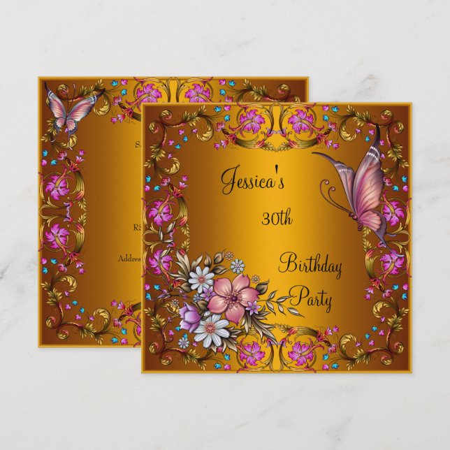 30th Birthday Party Pink Floral Butterfly Gold Invitation (Front/Back)