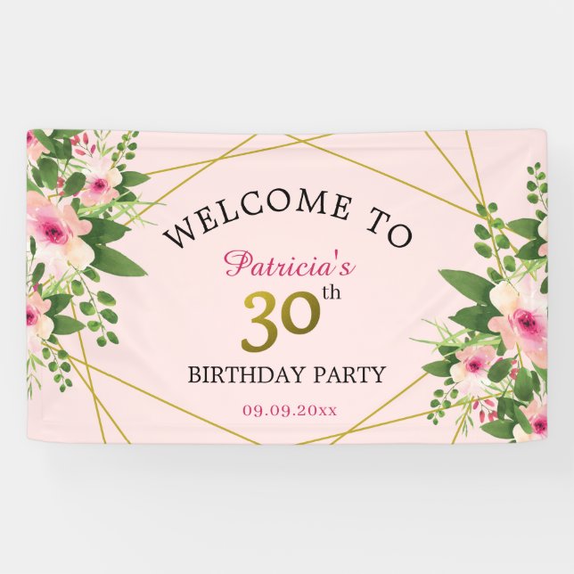 30th Birthday Party Pink Floral Welcome Banner (Horizontal)