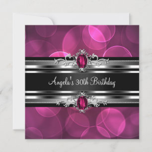30th Birthday Party Pink Gem Bubbles Silver Black Invitation
