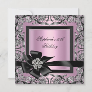 30th Birthday Party Pink Silver Black Bow Invitation