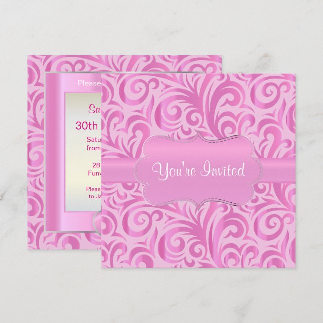30th Birthday Party | Pink, Silver & White Verder Invitation (Front/Back)