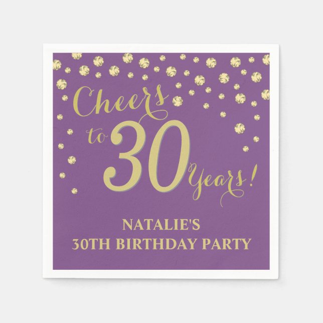 30th Birthday Party Purple and Gold Diamond Napkin (Front)