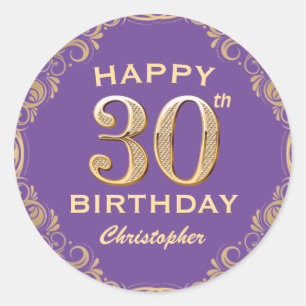30th Birthday Party Purple and Gold Glitter Frame Classic Round Sticker